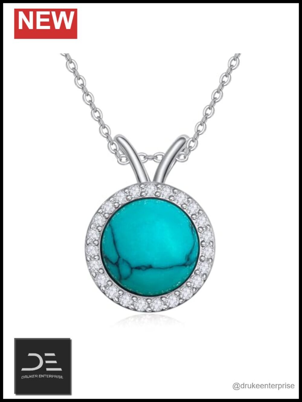 S925 Sterling Silver Turquoise Pendant Necklace with Moissanite 18in